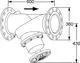 Flanschventil von IMI Hydronic Engineering mit gewinkeltem Anschluss, zentralem Regelmechanismus und maßlicher Darstellung.